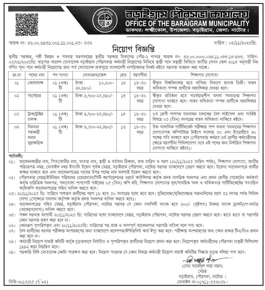 Baraigram Pourashava Job Circular 2023